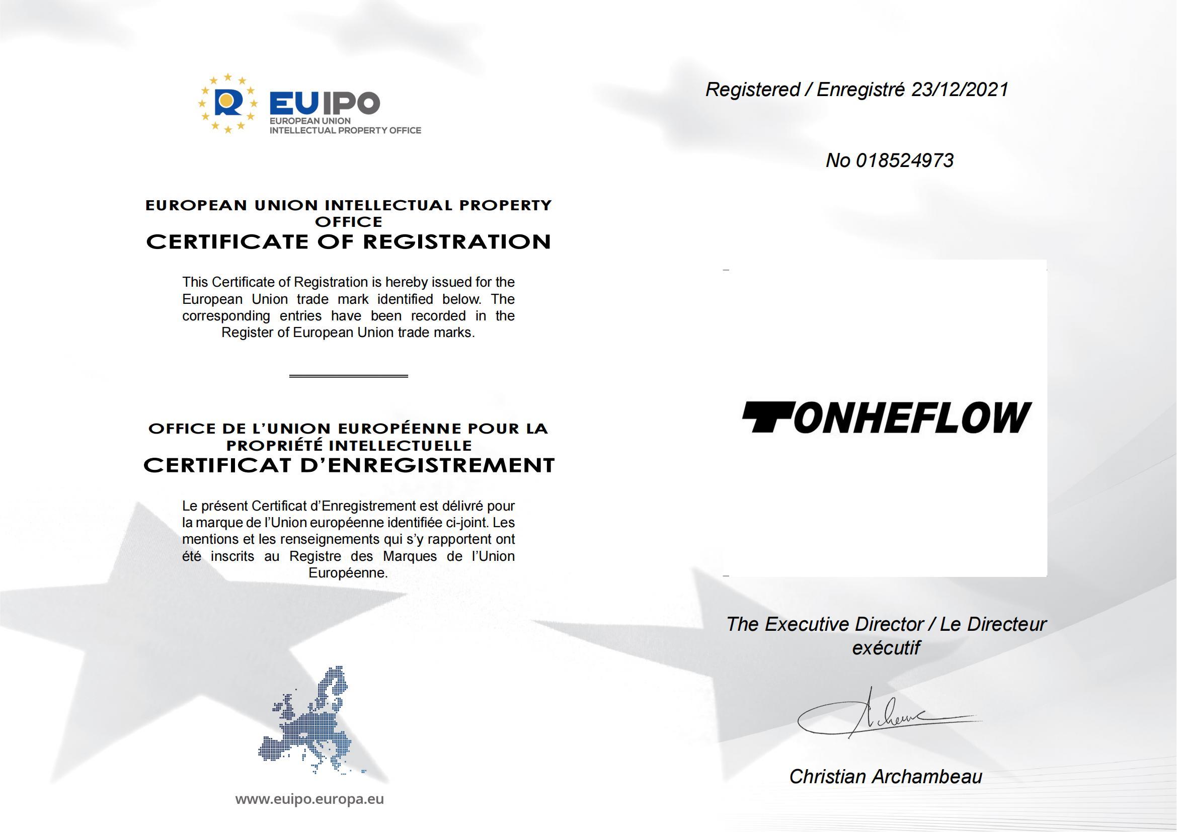 Eu Trademark Certificate-TONHEFLOW