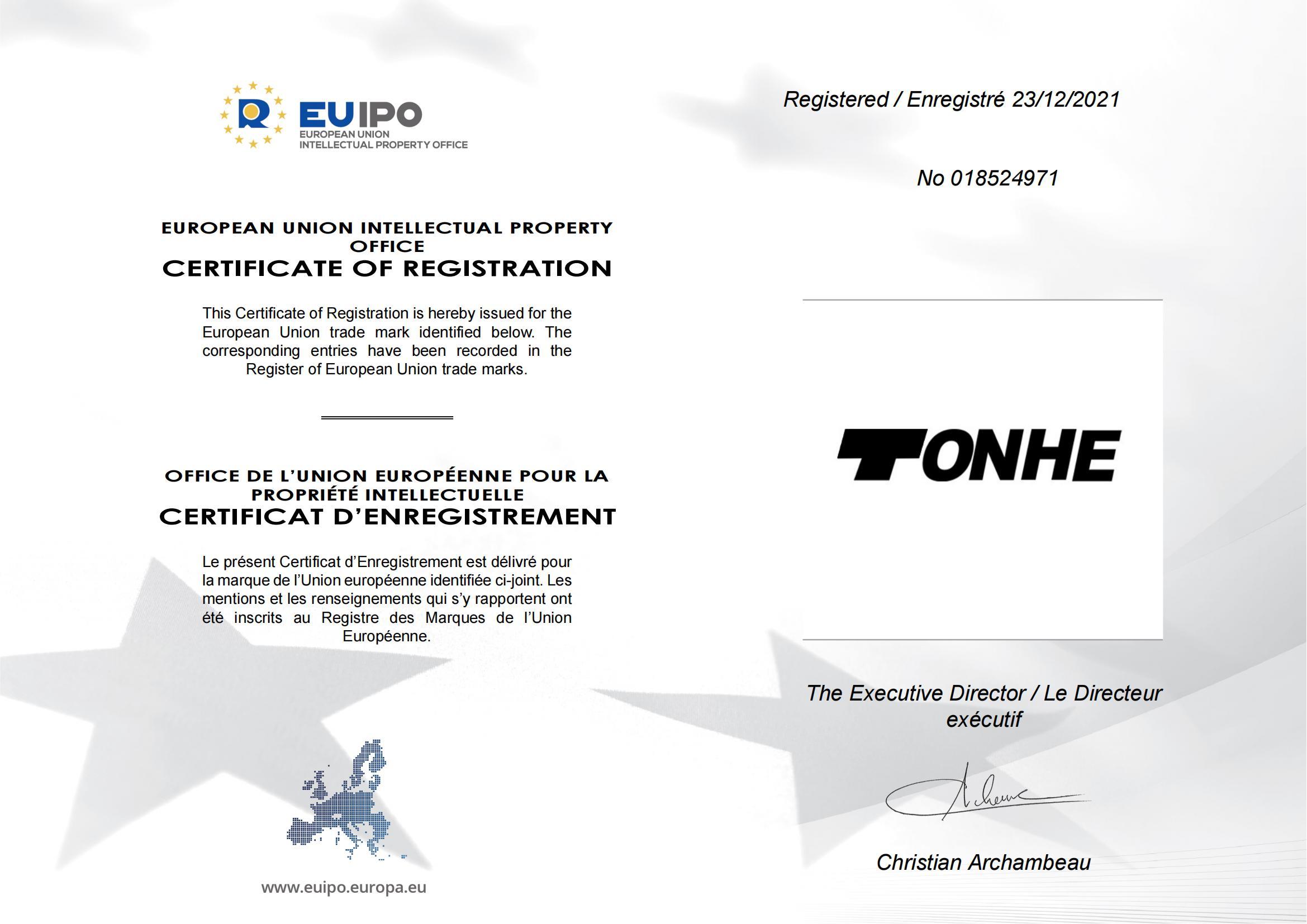 Eu Trademark Certificate-TONHE