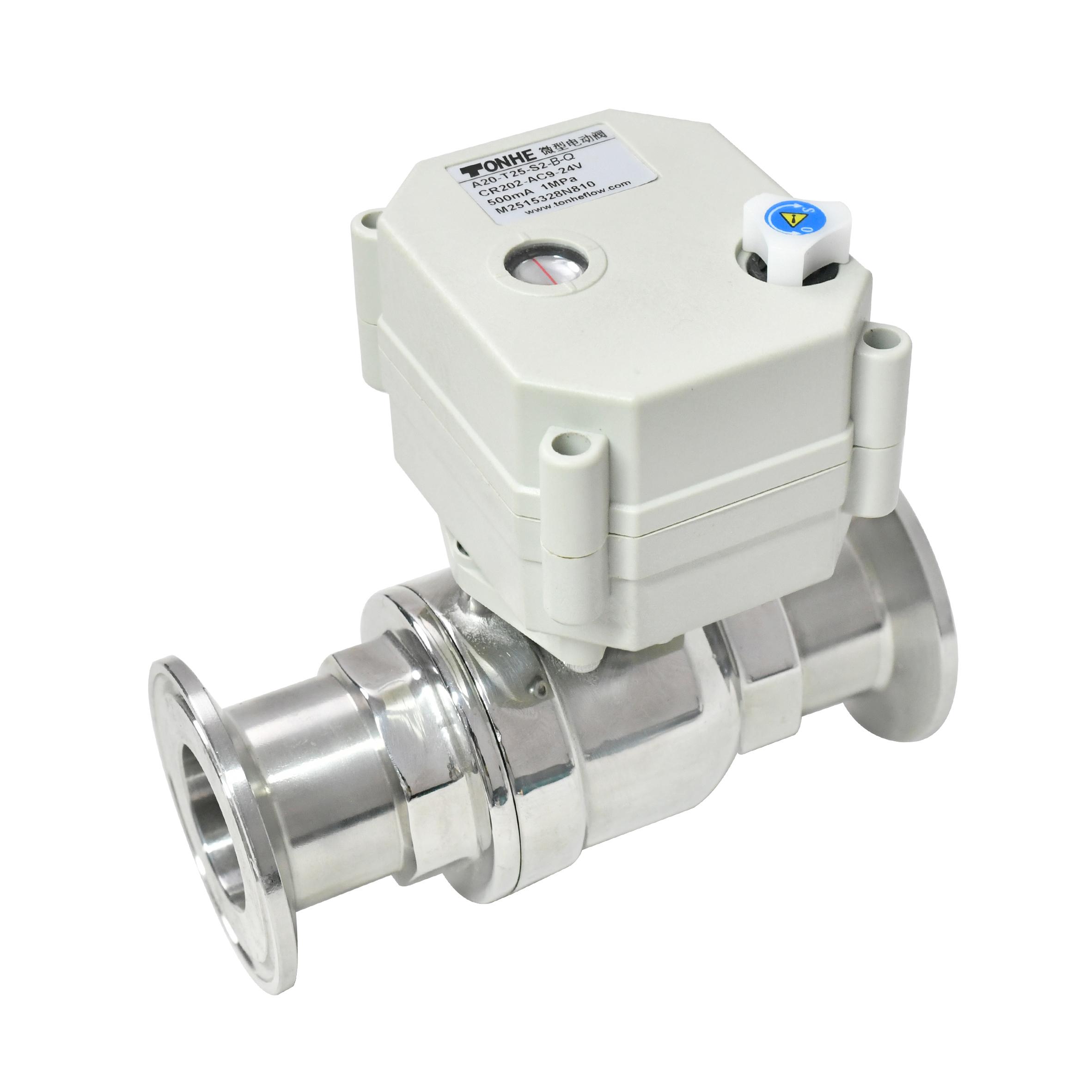 Tonheflow DN25 tri-clamp 50.5 mm SS304 DC24V CR202 NC motorized valve PTFE seali